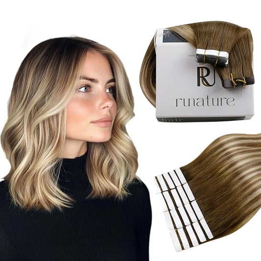 RUNATURE 20 Inch Nano Bead Hair Extensions Human Hair Balayage Brown to Blonde Silky Nano Link Hair Extensions Human Hair Remy Pre Bonded Straight 50g 50s
