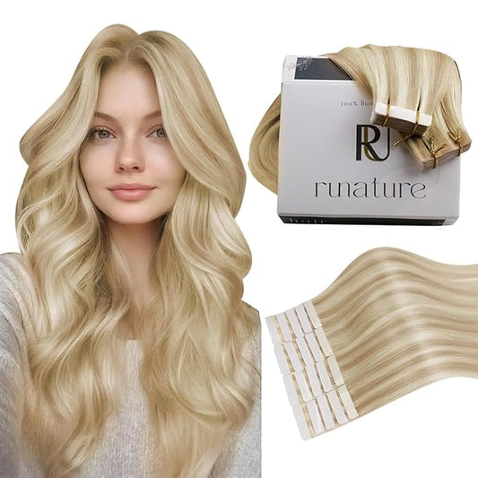 RUNATURE Tape in Hair Extensions Human Hair Blonde 18 Inch Tape in Extensions Human Hair, Blonde Highlights Real Remy Hair, Straight Silky Tape Ins Extensions, Long Lasting,No Shedding, 50g 20pcs