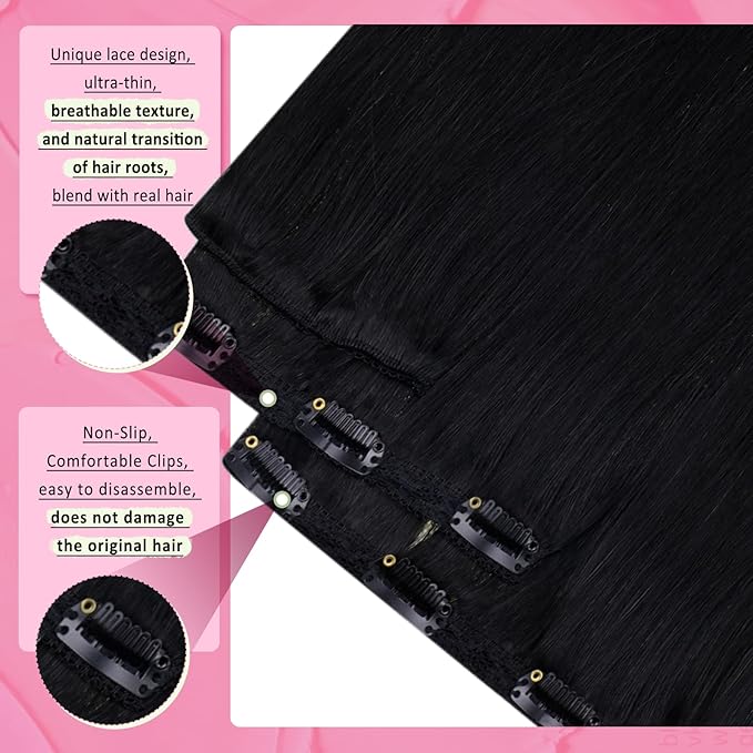 YoungSee Clip in Extensions for Women Black Invisible Clip in Hair Extensions Human Hair Black Soft and Silky Hair Extensions Human Hair Suitable for Thin Hair 120G 22Inch 7Pcs