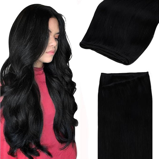 GOO GOO Sew in Hair Extensions Real Human Hair, Weft Hair Extensions Human Hair, 1 Jet black 18inch 100g, Weft Bundles Straight Silky Remy Hair
