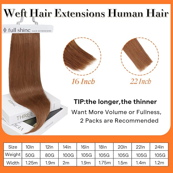 Full Shine Weft Hair Extensions Copper Human Hair Extensions Se In Color #330 Auburn Weft Extensions Soft Straight Hair Sew In Hair Extensions Real Human Hair 24 Inch 105G