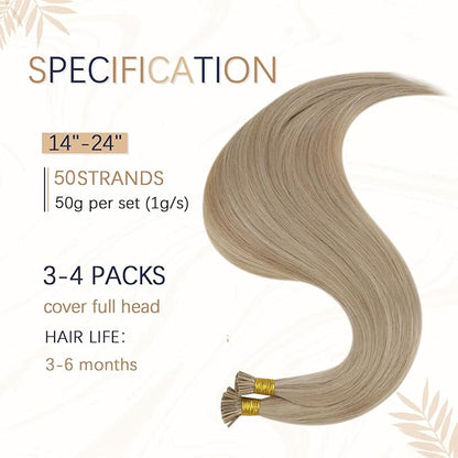 RUNATURE I Tip Extensions Human Hair，Real Human Hair Extensions I Tip, Balayage Silky Long Blonde Hair, Pre Bonded Soft Hair #1622 Golden Blonde with Light Blonde 14Inch 50G 50s