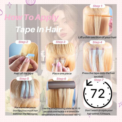 Rose Gold Pink Tape in Hair Extensions Human Hair Invisible 18 Inch Silky And Soft Tape in Human Hair Extensions for Girls