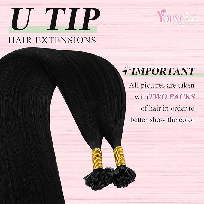 YoungSee Black U tip Hair Extensions Black U Tips Human Hair Extensions Jet Black 16In 50s/50g