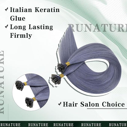 RUNATURE 20 Inch U Tip Human Hair Extensions - Light Blue, Silky Straight, Keratin, Pre Bonded Hot Fusion, 25g, 25s