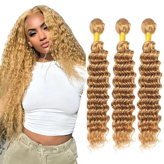 Blonde Bundles Color 27 Deep Wave Bundles 26 28 30 Inch Human Hair Double Weft Brazilian Virgin Remy Hair Honey Blonde Bundle Weave Silky and Soft
