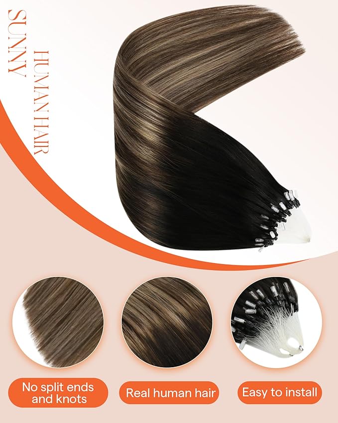 Sunny Hair Micro Link Hair Extensions Human Hair 24inch Microbead Hair Extensions Black Balayage Dark Brown Ombre Medium Ash Blonde Micro Hair Extensions Real Human Hair Long-Lasting Beauty 50g