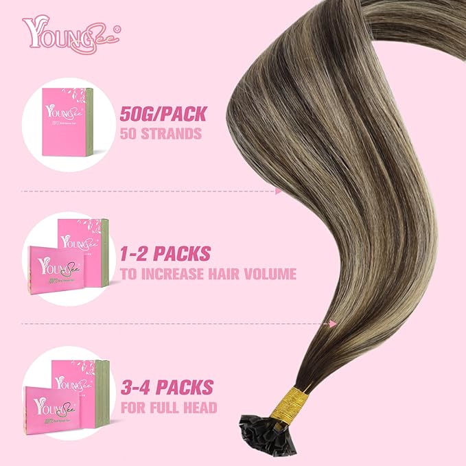 YoungSee Ombre Ktip Hair Extensions Balayage Brown Ombre Blonde K Tip Extensions Ombre 18In 50s/50g Silky Straight