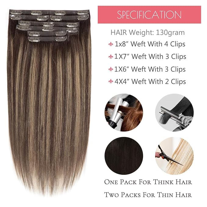 Loxxy Real Hair Extensions - Clip-In Human Hair Ombre Dark Brown to Chestnut Brown - Invisible Clip Ins - 18in, 130g, 7pcs - Seamless, Silky Straight, Thick Remy