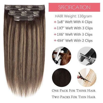 Loxxy Real Hair Extensions - Clip-In Human Hair Ombre Dark Brown to Chestnut Brown - Invisible Clip Ins - 18in, 130g, 7pcs - Seamless, Silky Straight, Thick Remy