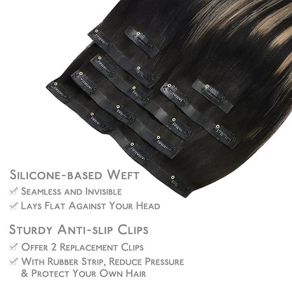 WENNALIFE Seamless Clip In Hair Extensions Human Hair, 12 Inch 80g 7pcs Balayage Natural Black to Light Blonde Real Hair Extensions Invisible PU Skin Weft Natural Remy Human Hair