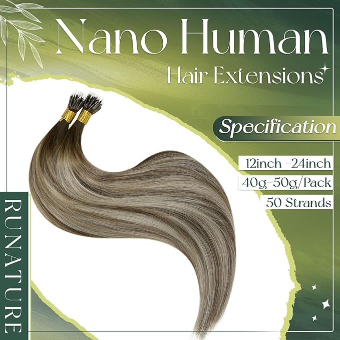RUNATURE 20 Inch Nano Hair Extensions - Balayage Brown to Blonde Silky Human Hair - Remy Pre-Bonded Nano Bead Straight Extensions 50g 50s