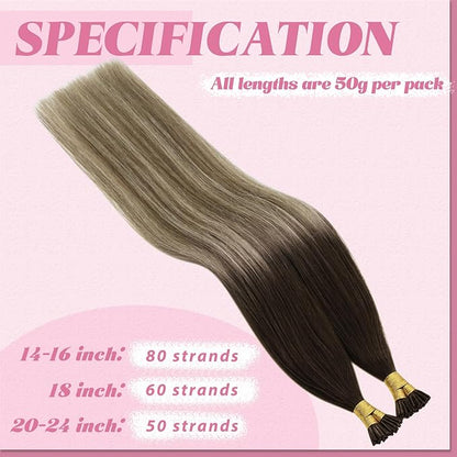 YoungSee I Tip Hair Extensions Balayage Tip Hair Extensions Balayage Brown with Blonde I Tips Human Hair Extensions 18 Inch Invisible I Tip Hair Ombre for Adding Hair Volume 50g 60s Remy Hair