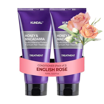 KUNDAL Honey & Macadamia Natural Conditioner Korean Hair Care Damage Repair, Deep Hydration, Long Lasting Fragrance, with Honey, Macadamia Oil 6.76fl oz (Pack of 2) (English Rose)