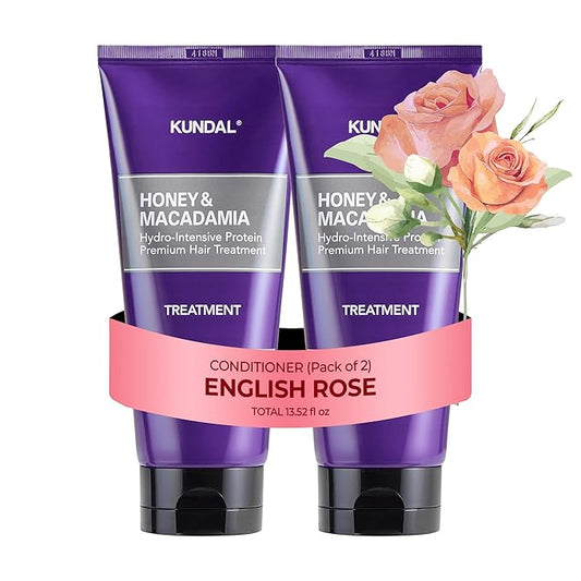 KUNDAL Honey & Macadamia Natural Conditioner Korean Hair Care Damage Repair, Deep Hydration, Long Lasting Fragrance, with Honey, Macadamia Oil 6.76fl oz (Pack of 2) (English Rose)
