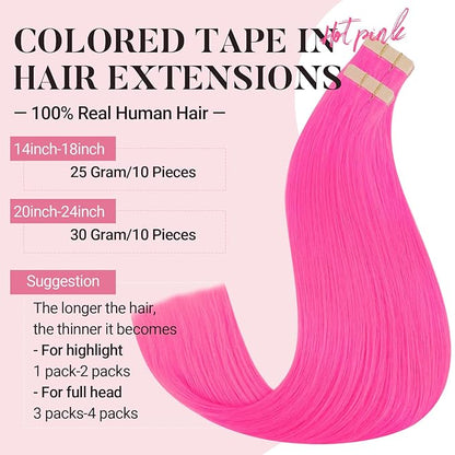 MAXITA Tape in Hair Extensions Human Hair Hot Pink Tape in Extensions 10pcs 30g 22inch Colored Invisible Real Human Hair Extension Soft Straight Wine Red Glue in Hair Extensions