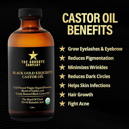 The Goodbye Company Black & Gold Castor Oil Blend – USDA Organic, Cold-Pressed & Unrefined – Pure Hexane-Free Oil for Hair, Skin, Body, Eyelashes & Eyebrows