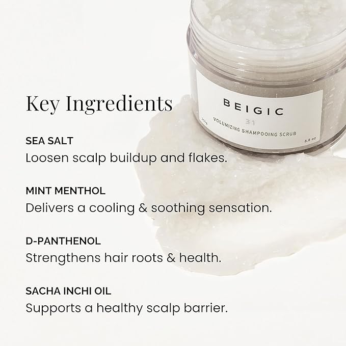 BEIGIC Volumizing Shampooing Scrub – Vegan Clarifying Scalp Exfoliator & Shampoo with Sacha Inchi Oil & Sea Salt for Buildup, Flakes for Itchy Scalps