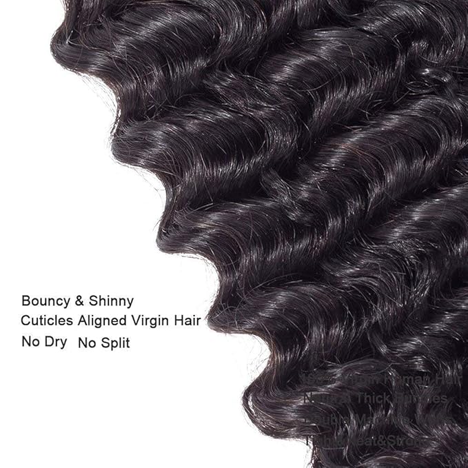 #1B Human Hair Bundles Deep Wave Bundles 16 Inch Unprocessed Brazilian Virgin Hair Weave 1 Bundle 50 Grams Per Bundle Natural Color Bundle Human Hair Extensions