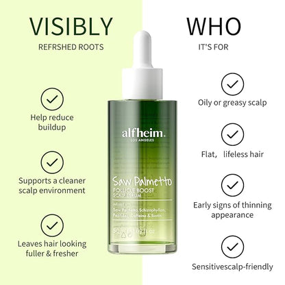 ALFHEIM Saw Palmetto Scalp Serum for Boost Follicle - Infused With Caffeine, Biotin for Thicker Hair - Balance Scalp, Rejuvenate Hair Follicles ＆ Improve Hair Density - 1.69 fl oz + Serum Applicator
