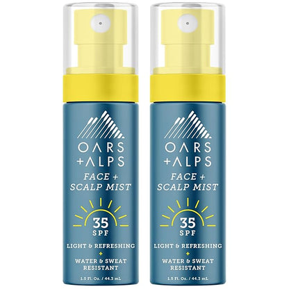 Oars + Alps Face & Scalp Sunscreen Spray Mist, SPF 35 Facial & Hair Sunscreen, Protects from Blue Light, Incfused with Aloe Vera + Cucumber, Water & Sweat Resistant, Summer Splash Scent, 2pk
