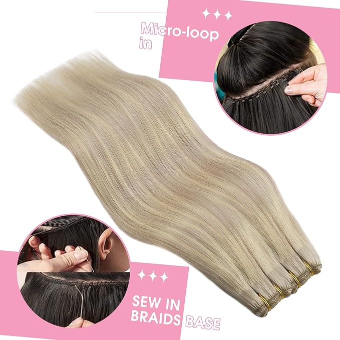 YoungSee Weft Hair Extensions, Highlight Sew in Hair Extensions Real Human Hair, Warm Ash Blonde Highlights Bleach Blonde Highlights Sew in Weft Hair Extensions Human Hair 18Inch 100G