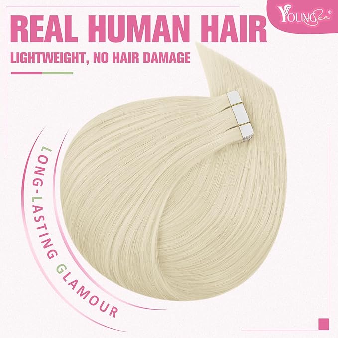 YoungSee Tape in Hair Extensions Real Human Hair Platinum Blonde Tape ins Human Hair Extensions Platinum Blonde Tape Extensions Human Hair Blonde 14 Inch 50g Tape in Extension Remy Human Hair 20pcs