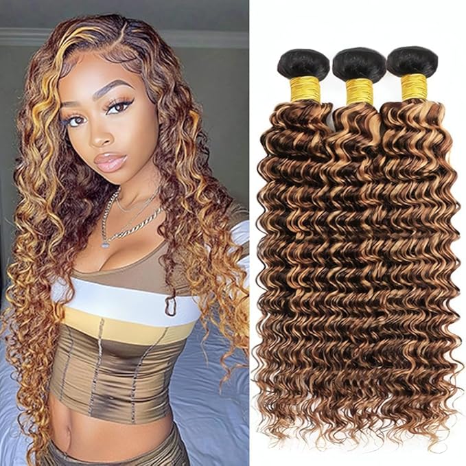 1BP427 Loose Deep Wave Bundles Ombre Brown and Honey Blonde Two Tone Deep Wave Bundles Brazilian Human Hair Extensions Soft and Silky for Black Women 26 28 30 Inch