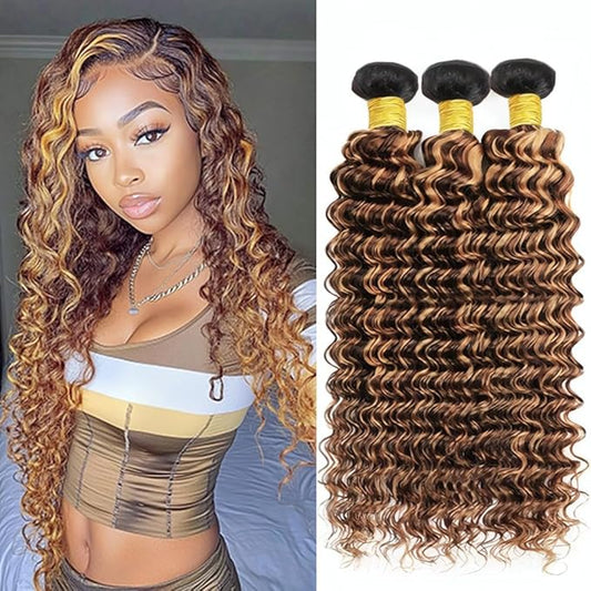 1BP427 Loose Deep Wave Bundles Ombre Brown and Honey Blonde Two Tone Deep Wave Bundles Brazilian Human Hair Extensions Soft and Silky for Black Women 26 28 30 Inch