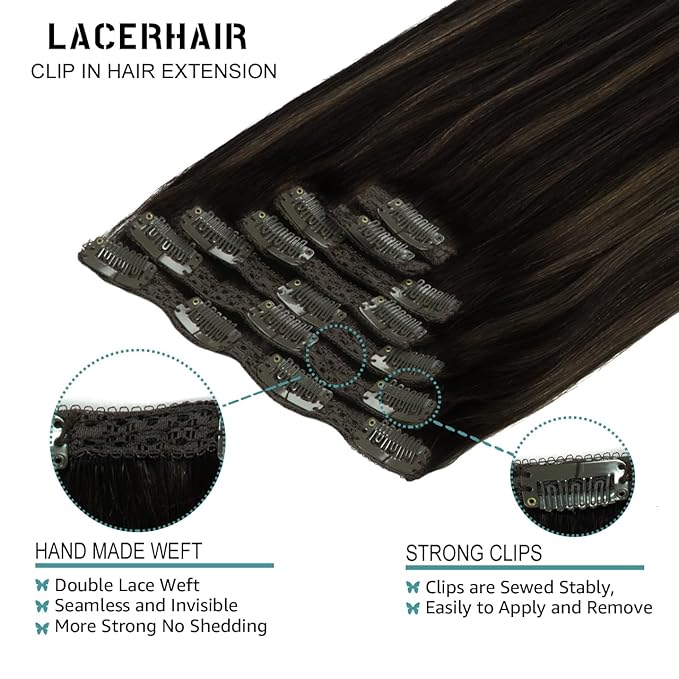 Lacer Clip in Hair Extensions Real Human Hair Balayage Natural Black to Medium Brown Highlight Remy Human Hair Extensions Clip ins for Women 14 Inch 120g 7Pcs Natural Human Hair