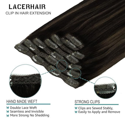Lacer Clip in Hair Extensions Real Human Hair Balayage Natural Black to Medium Brown Highlight Remy Human Hair Extensions Clip ins for Women 14 Inch 120g 7Pcs Natural Human Hair