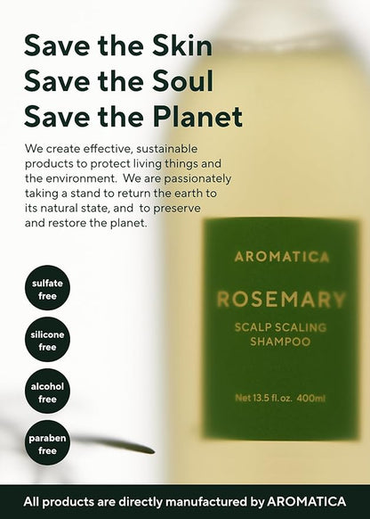 AROMATICA Rosemary Scalp Scaling Shampoo - Korean Hair Care with Thinning Hair Loss Natural Rosemary Essential Oil for Women - Vegan Hair Growth - Free from Sulfate, Silicone, and Paraben (13.53 oz)
