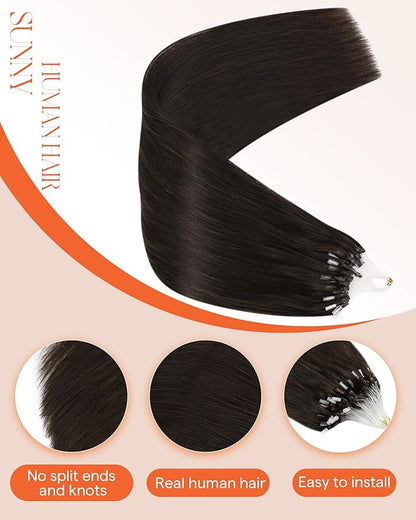 Sunny Hair Micro Link Hair Extensions Human Hair Dark Brown Micro Loop Hair Extensions Remy Micro Bead Hair Extensions for Women Micro Loop Hair Extensions Comfortable and Secure Bonding 50g 16inch