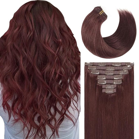 Lacer Hair Clip in Hair Extensions Human Hair 18 Inch 7Pcs Invisible Double Sided Real Weft 100% Remy Human Hair No Tangle No Shedding #99J Deep Burgundy Color 120G