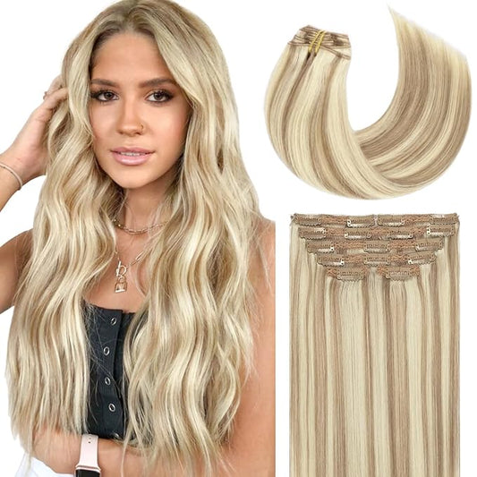 Lacer Hair Clip In Hair Extensions Human Virgin Hair Thick Weft Light Brown And Platinum Blonde Highlights Color Metal Clip Salon Quality Straight Clip In Hair Extension 7 Pieces 140 Gram 22 Inch