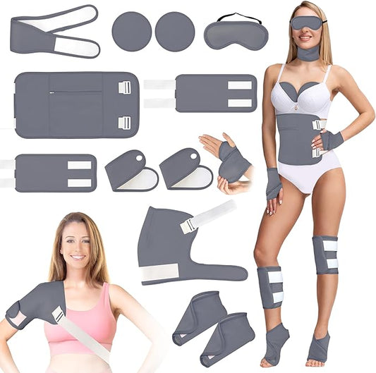 12 Pcs Castor Oil Pack Wrap-Grey, Castor Oil Pack Organic Cotton for Knees Shoulder Hands Neck Waist Chest and Feet, Adjustable Compress Pads for Entire Body