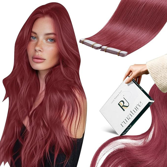 RUNATURE Tape in Hair Extensions Real Human Hair Burgundy Red Human Hair Tape in Extensions Double Sided PU Tape in Extensions for Women Straight Silky Remy Human Hair Extensions 22 Inch 20g 10pcs