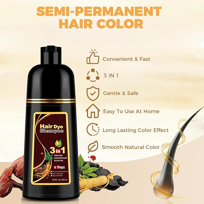 Brown Hair Dye Shampoo 3 in 1 for Gray Hair Coverage, Hair Color Shampoo for Women Men, Herbal Ingredients Shampoo Para Pintar el Cabello (16.9 Oz)