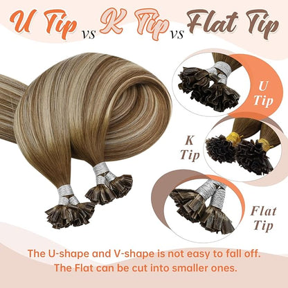 Sunny Hair U Tip Hair Extensions Human Hair Balayage Utip Human Hair Extensions Chestnut Brown with Blonde Ombre K Tips Hair Extensions Real Human Hair for Daily Use 14inch 50g