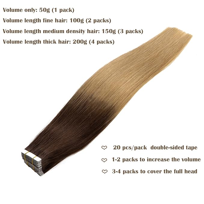Anrosa Tape in Hair Extensions Human Hair Ombre Darker Brown to Light Golden Brown Silky Straight Real Hair Extensions Human Hair 20pcs/set 50g 14 Inch