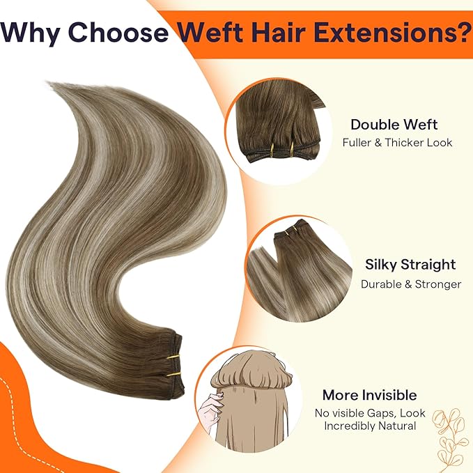 Full Shine Hair Extensions Sew in Extensions Real Human Hair Color Light Brown To Platinum Blonde Mix Brown Human Hair Bundles Weft Human Hair Extensions For Women 16 Inch