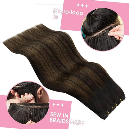 YoungSee Sew in Hair Extensions Brown Balayage Weft Human Hair Extensions Balayage Darkest Brown Mixed with Light Brown Human Hair Weft Extensions Balayage Reduces Combing and Pulling 16Inch 100G
