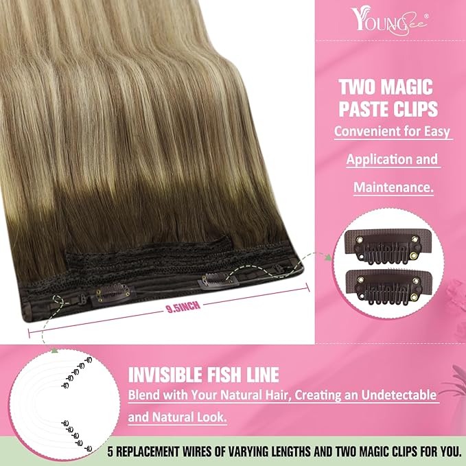 YoungSee Wire Hair Extensions Human Hair Brown Ombre Fish Line Hair Extensions Dark Brown Ombre Light Brown with Blonde Straight Hair Wire Extensions Customizable Hair Extensions Human Hair 12inch 70g