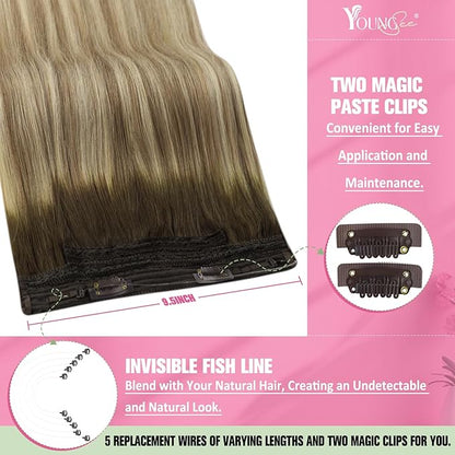 YoungSee Wire Hair Extensions Human Hair Brown Ombre Fish Line Hair Extensions Dark Brown Ombre Light Brown with Blonde Straight Hair Wire Extensions Customizable Hair Extensions Human Hair 12inch 70g