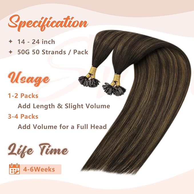Sunny Hair U Tip Hair Extensions Human Hair for Daily Use Utip Hair Extensions Human Hair Balayage Dark Brown Ktip Human Hair Extensions Show Charm 14inch 50g