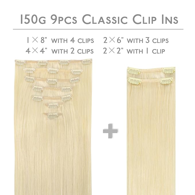 WENNALIFE Clip in Hair Extensions, 150g 14 Inch 9pcs Bleach Blonde Human Hair Extensions Thicker Clip in Hair Extensions Real Human Hair Clip Set Double Weft