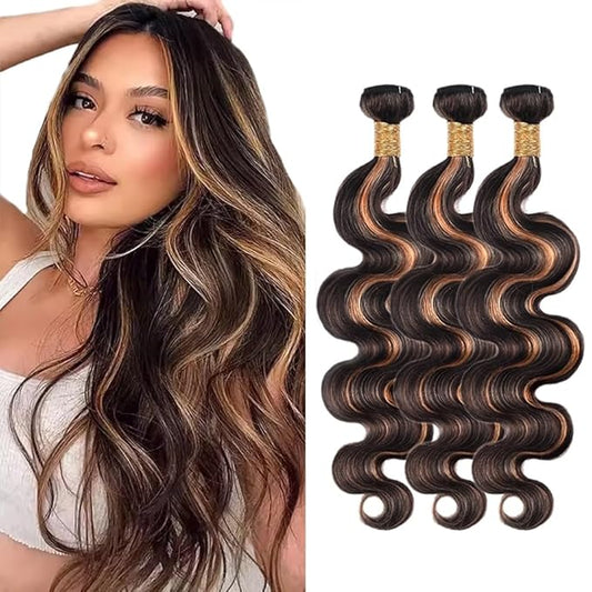 Highlight Bundles Human Hair Brown Body Wave Bundles 12 14 16 Inch Brazilian Unprocessed Virgin Remy Hair Extensions Niegmeag Hair 2 Tone Black and Light Brown Bundle