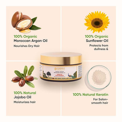 100% Organic Moroccan Argan Oil & Natural Keratin Masque | For Dry, Damaged & Color Treated Hair | Cold Prerssed Oils for Deep Nourishment | Sulfates, Parabens & Cruelty Free | 3.4 oz