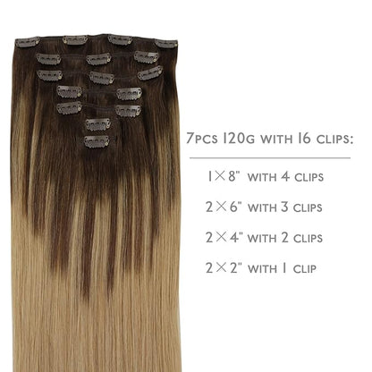 WENNALIFE Clip in Hair Extensions Real Human Hair, 24 Inch 120g 7pcs Balayage Chocolate Brown to Dirty Blonde Hair Extensions Clip In Human Hair Remy Clip in Hair Extensions Natural Human Hair