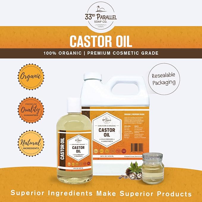 ORGANIC CASTOR OIL ( 8 oz ) Premium Cold Pressed Unrefined | 100% Natural Promotes Healthy Skin & Hair | Thickens Eyebrows Lengthens Eyelashes | Strengthens Nails Cuticles | Massage Oil | 8 FL OZ